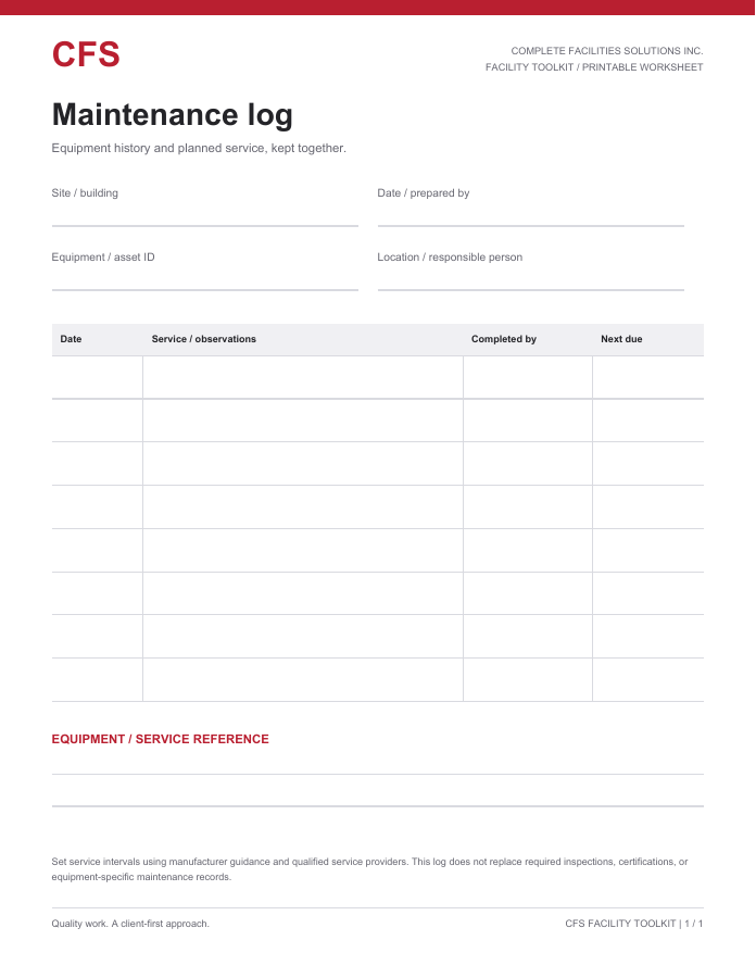Maintenance log worksheet preview
