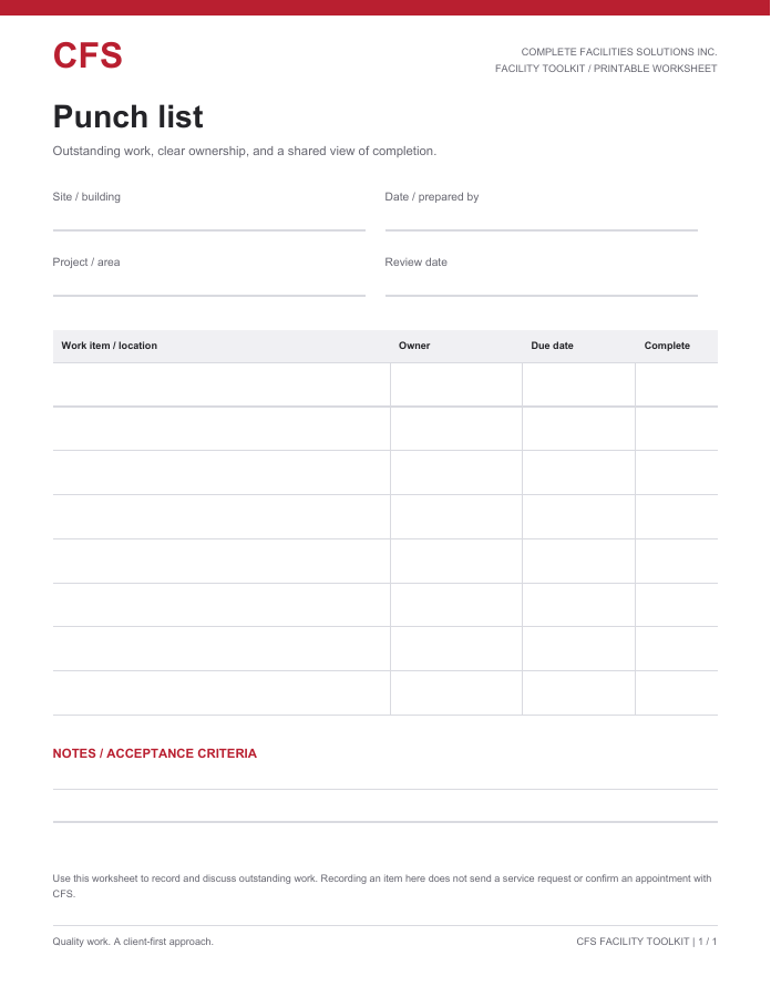 Punch list worksheet preview
